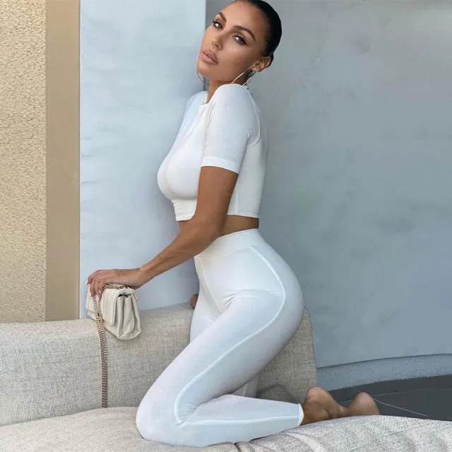 2021 Autumn Winter Women Sport Fitness 2 Two Piece Set Outfits Long Sleeve Solid Crop Tops Leggings Pants Set Bodycon Tracksuit