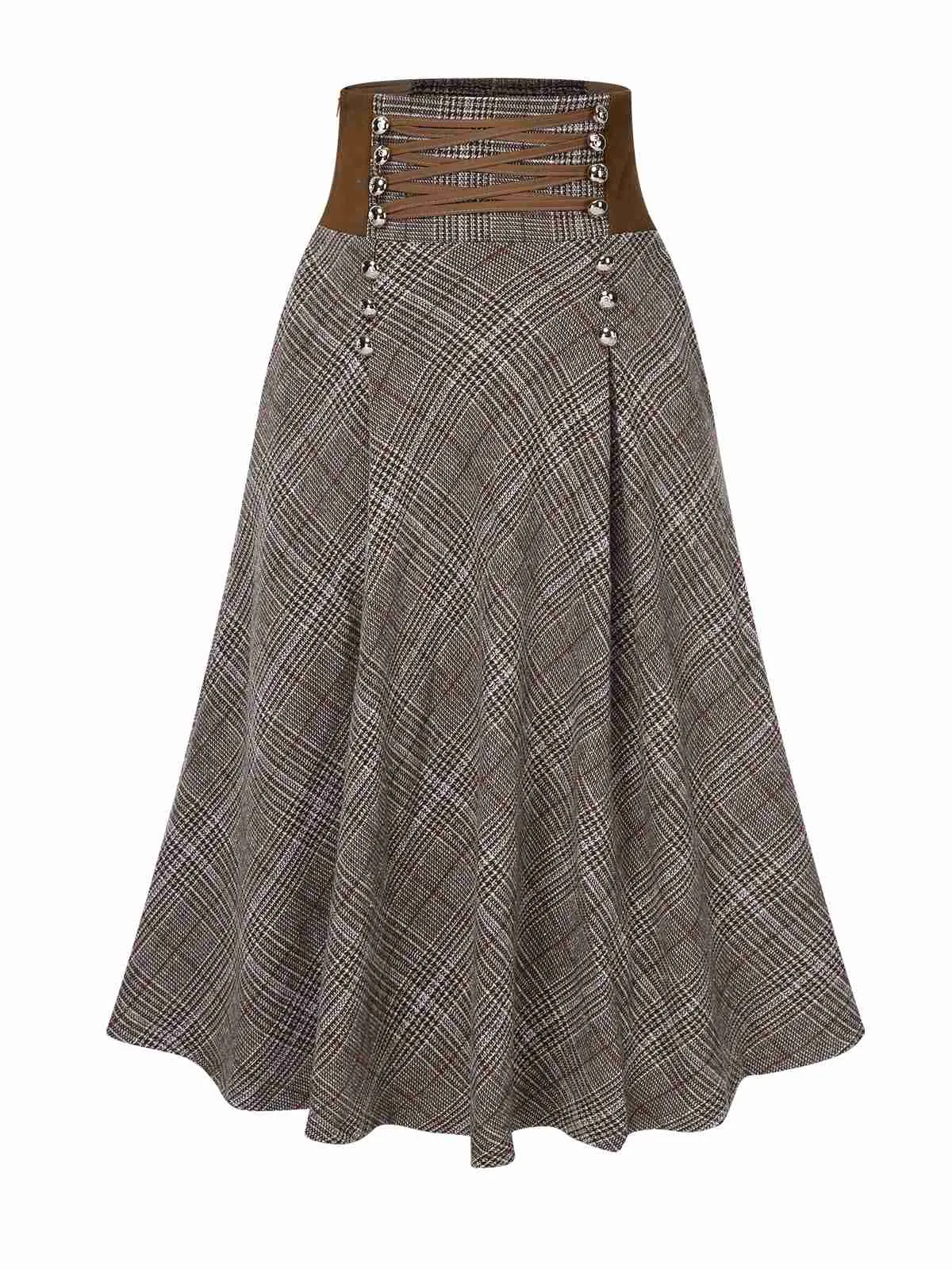 2PCS 1970s White Sweater & Brown Plaid Skirt
