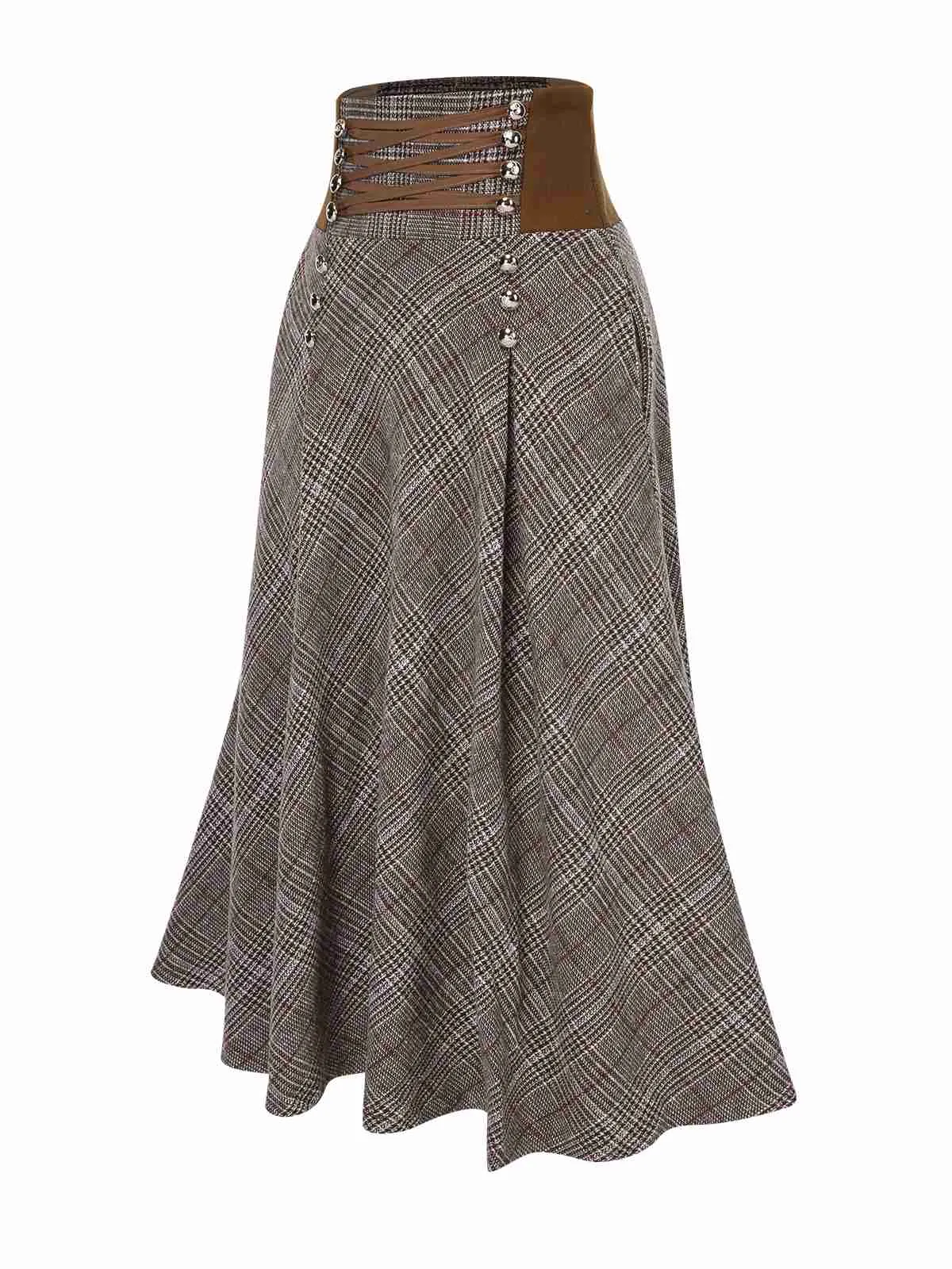 2PCS 1970s White Sweater & Brown Plaid Skirt