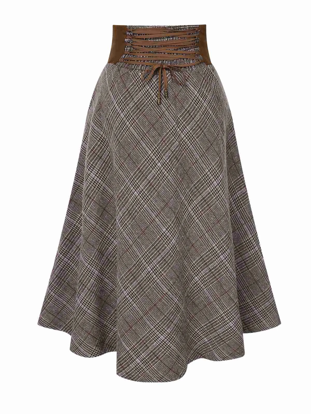 2PCS 1970s White Sweater & Brown Plaid Skirt