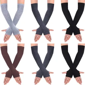 6 Pairs Women Long Fingerless Gloves Knit Arm Warmer Thumb Hole Stretchy Gloves Assorted Color