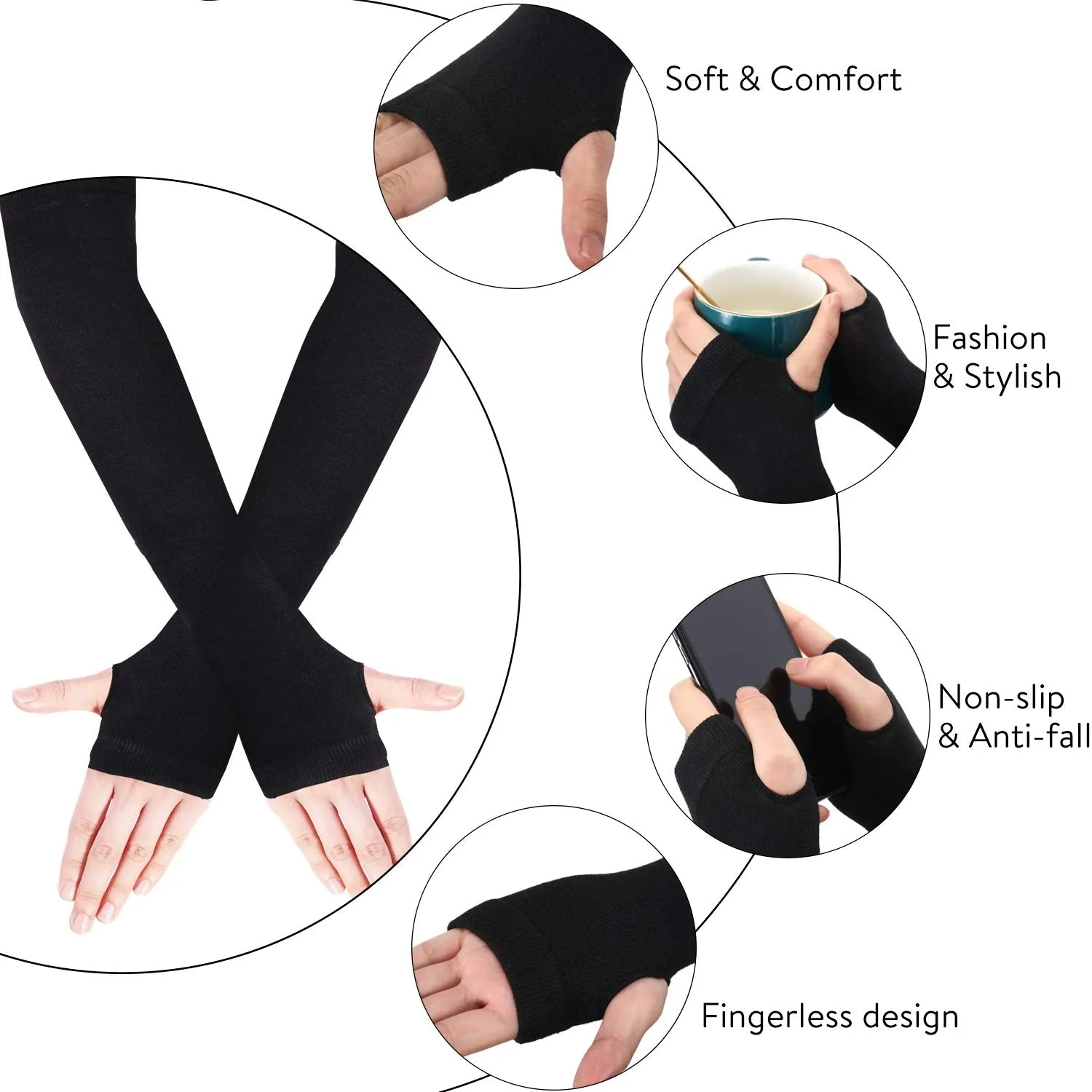 6 Pairs Women Long Fingerless Gloves Knit Arm Warmer Thumb Hole Stretchy Gloves Assorted Color