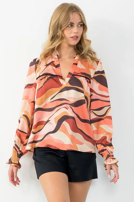 Abstract Print Long Sleeve Blouse