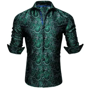 Barry Wang Green Silk Paisley Tribal Long Sleeve Daily Slim Fit Men's Shirt
