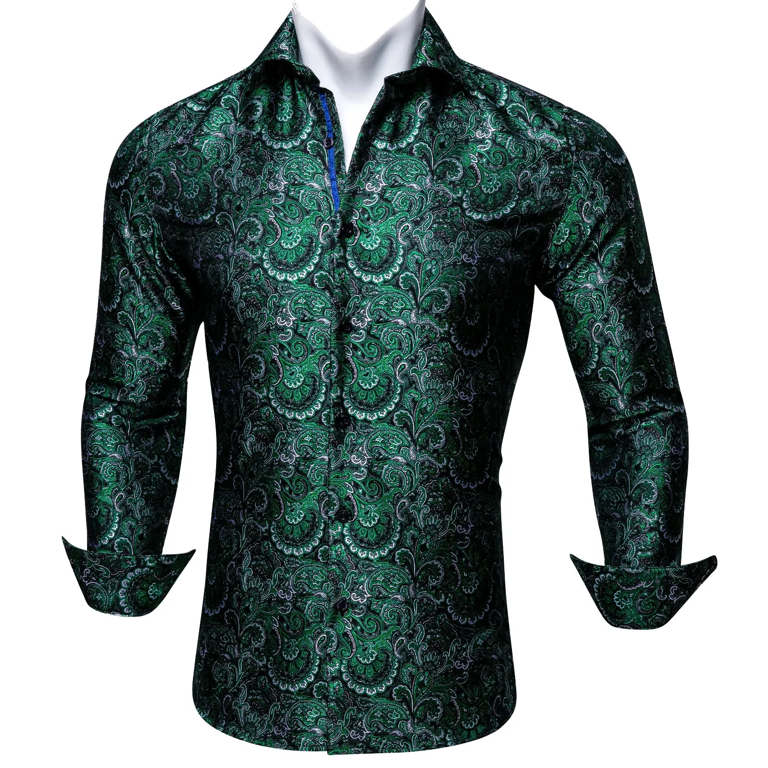 Barry Wang Green Silk Paisley Tribal Long Sleeve Daily Slim Fit Men's Shirt