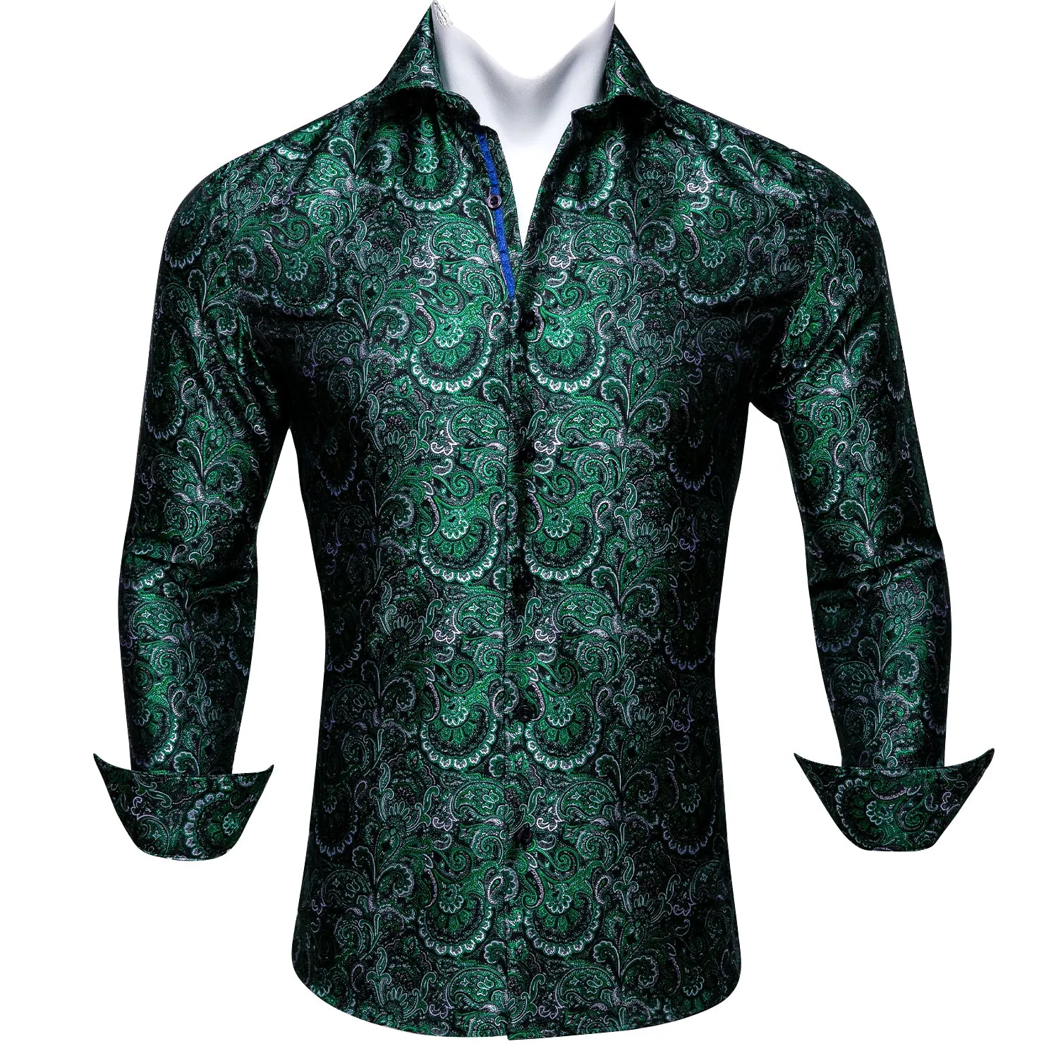 Barry Wang Green Silk Paisley Tribal Long Sleeve Daily Slim Fit Men's Shirt
