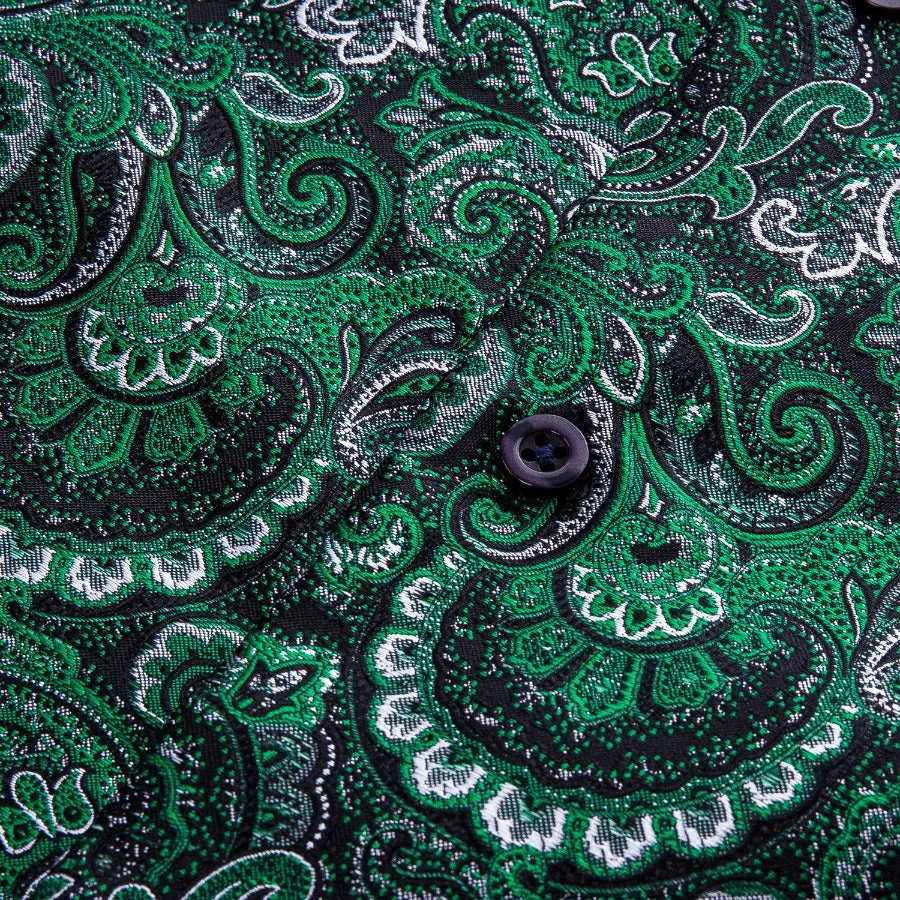 Barry Wang Green Silk Paisley Tribal Long Sleeve Daily Slim Fit Men's Shirt