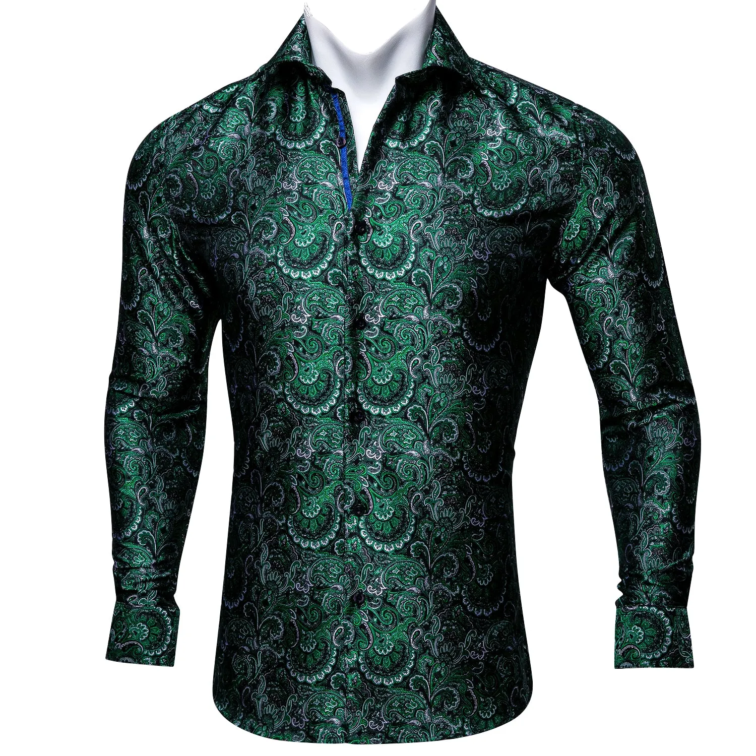 Barry Wang Green Silk Paisley Tribal Long Sleeve Daily Slim Fit Men's Shirt