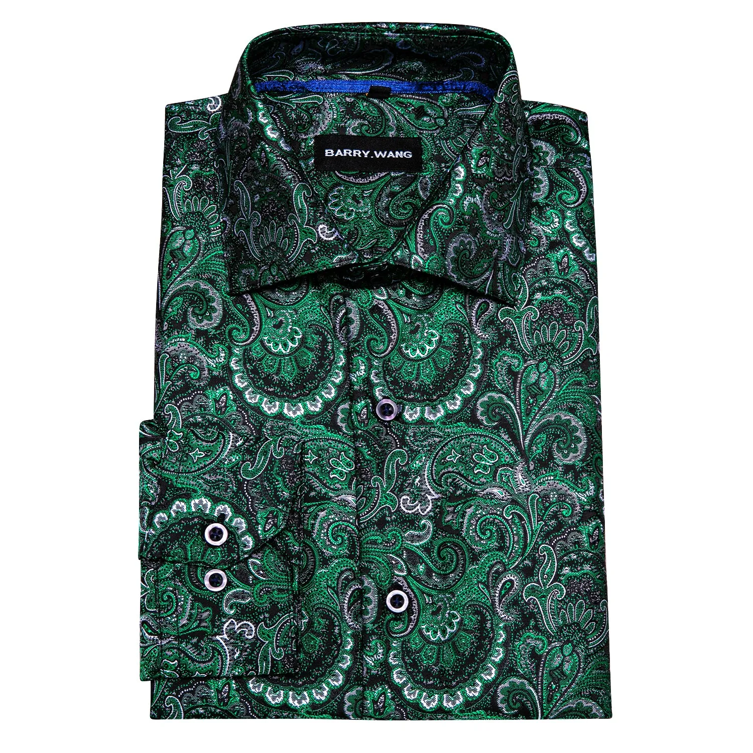 Barry Wang Green Silk Paisley Tribal Long Sleeve Daily Slim Fit Men's Shirt