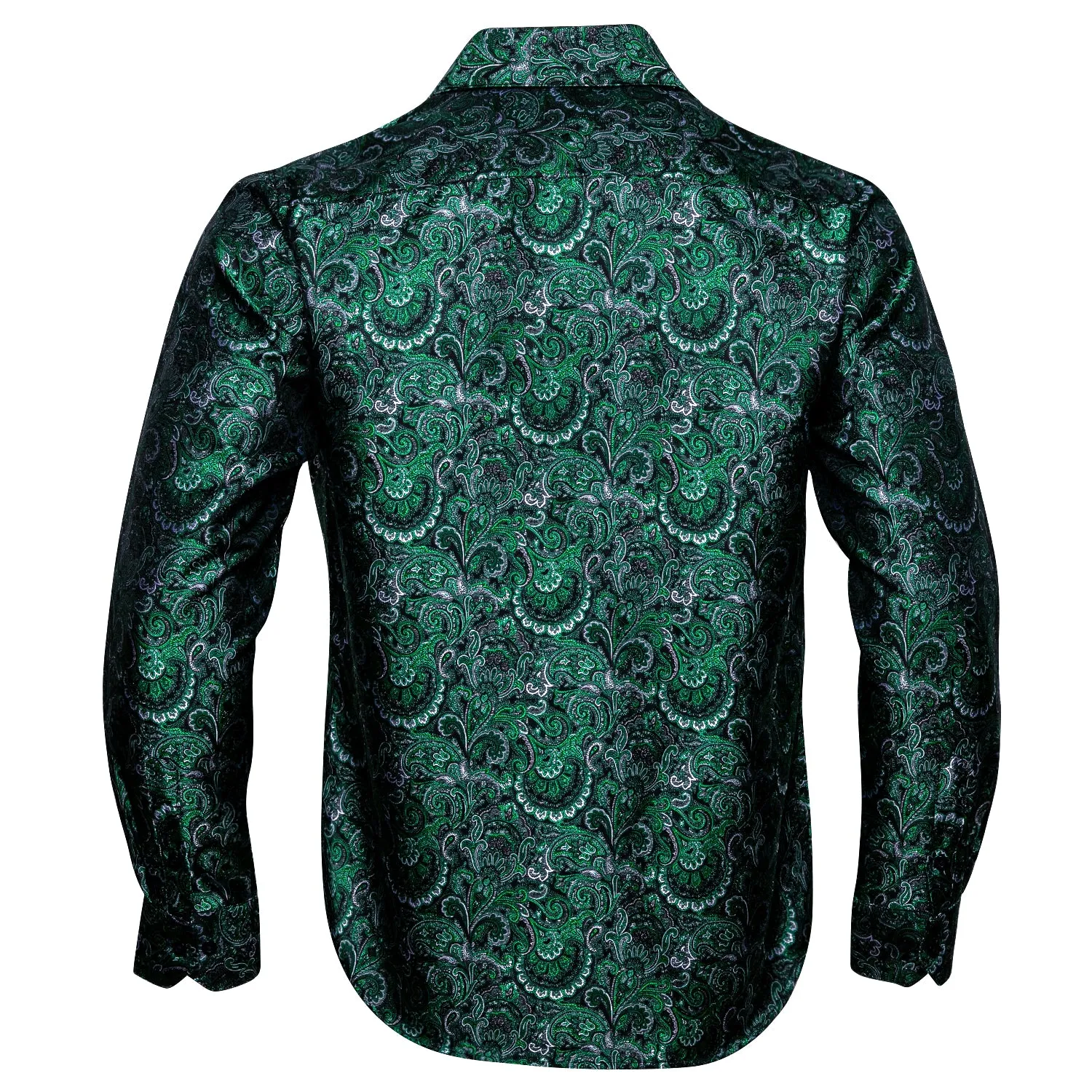 Barry Wang Green Silk Paisley Tribal Long Sleeve Daily Slim Fit Men's Shirt