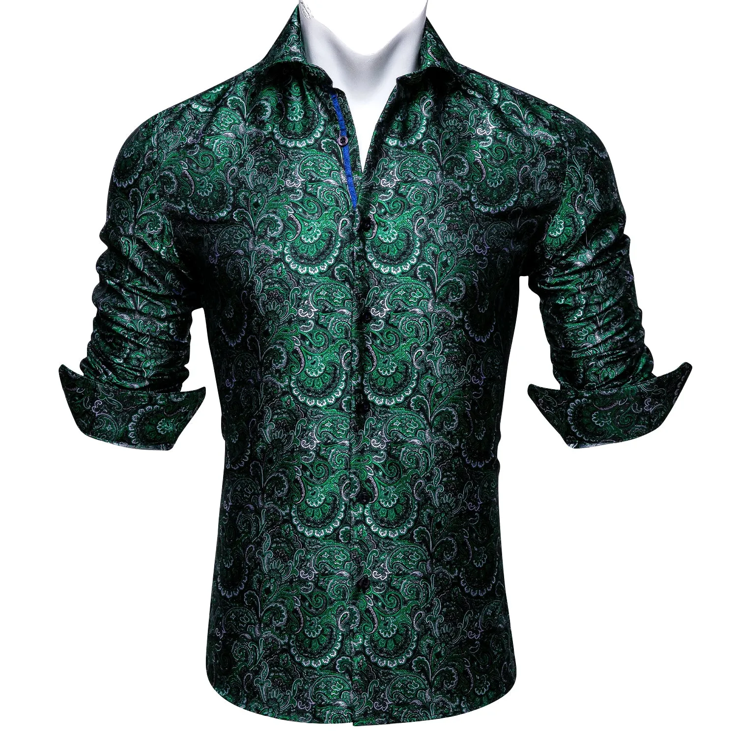Barry Wang Green Silk Paisley Tribal Long Sleeve Daily Slim Fit Men's Shirt
