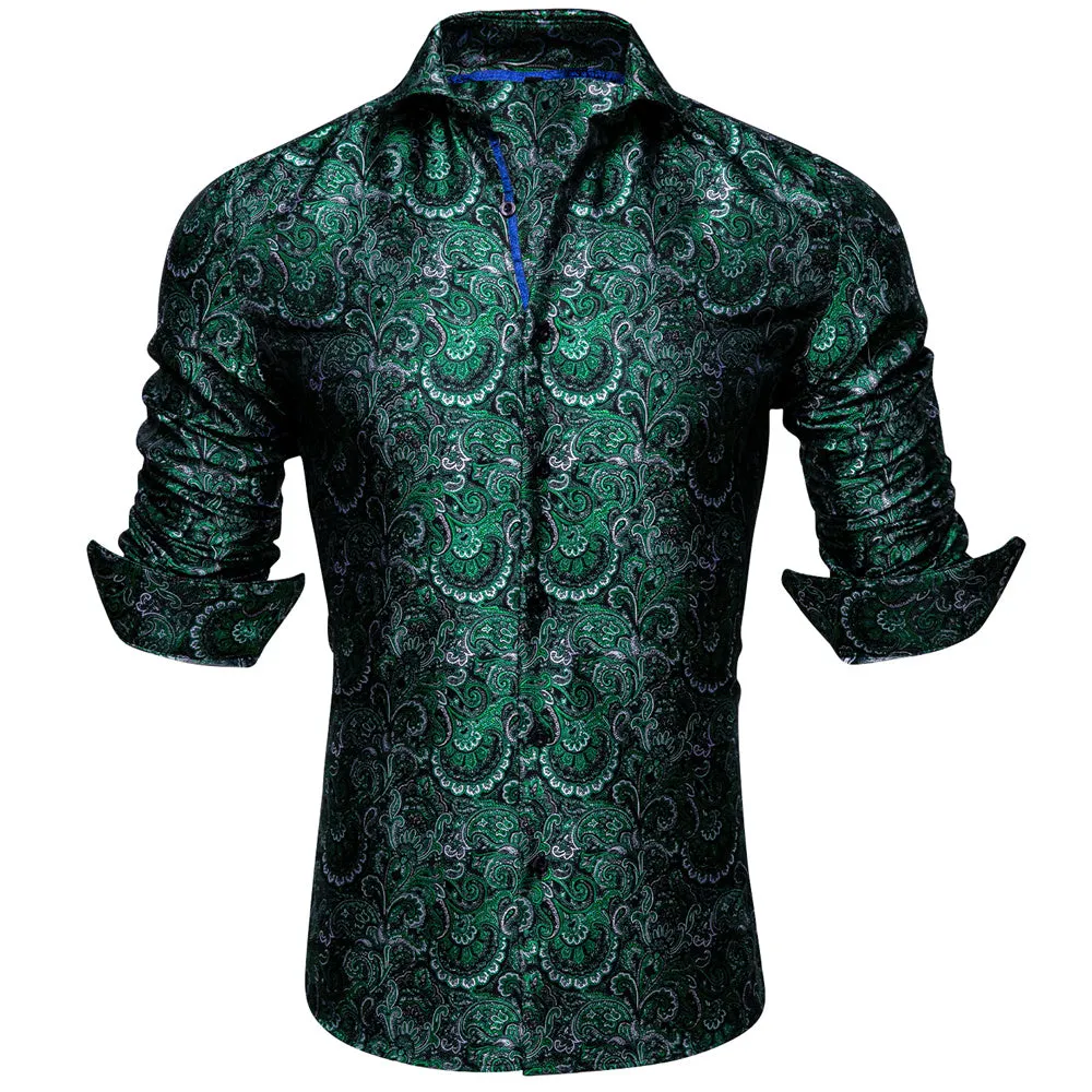 Barry Wang Green Silk Paisley Tribal Long Sleeve Daily Slim Fit Men's Shirt