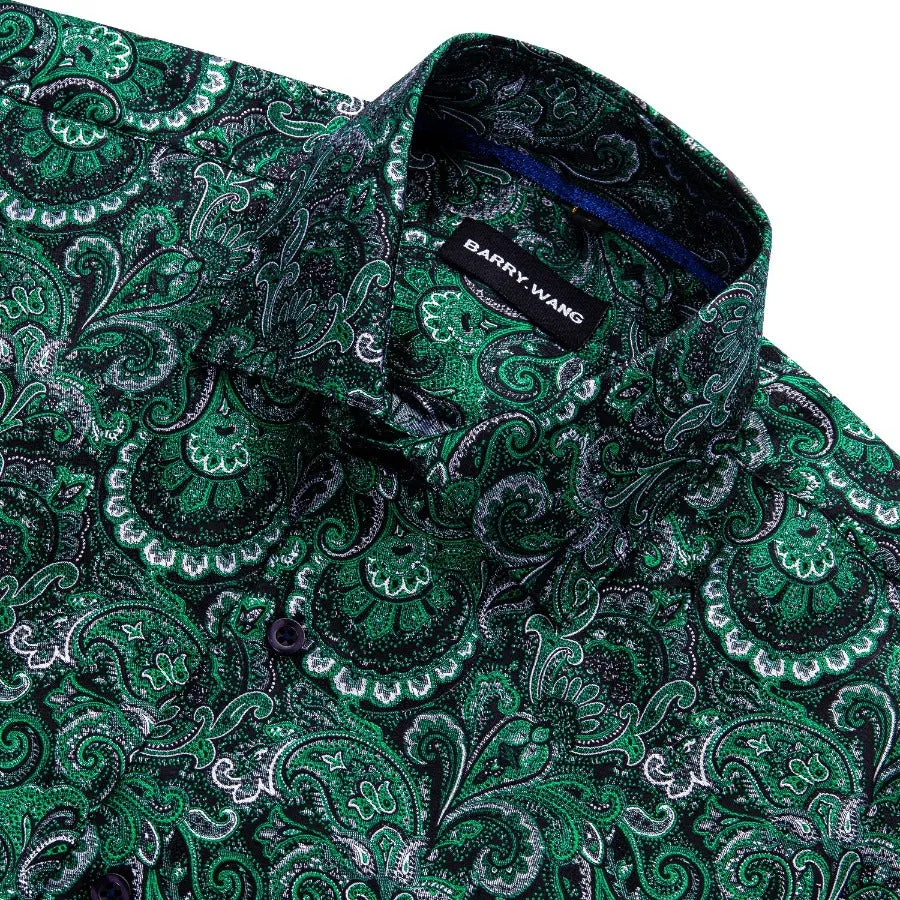 Barry Wang Green Silk Paisley Tribal Long Sleeve Daily Slim Fit Men's Shirt