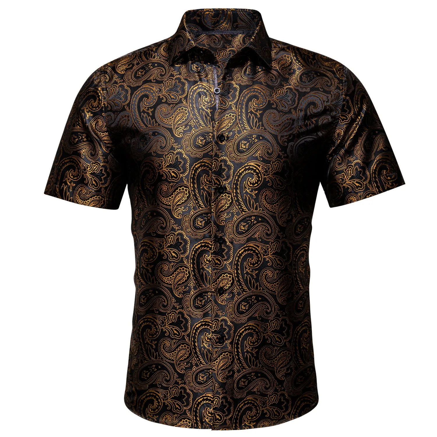 Barry Wang Men's Shirt Black Golden Silk Paisley Short Sleeve Shirt
