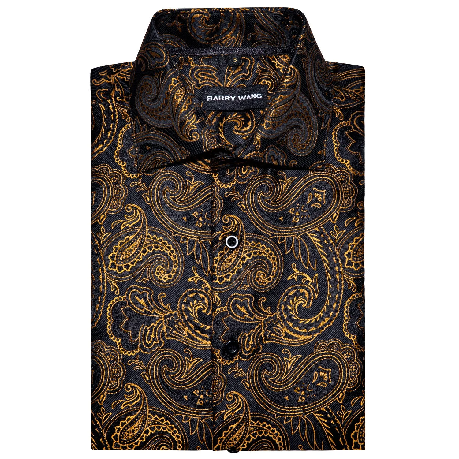 Barry Wang Men's Shirt Black Golden Silk Paisley Short Sleeve Shirt
