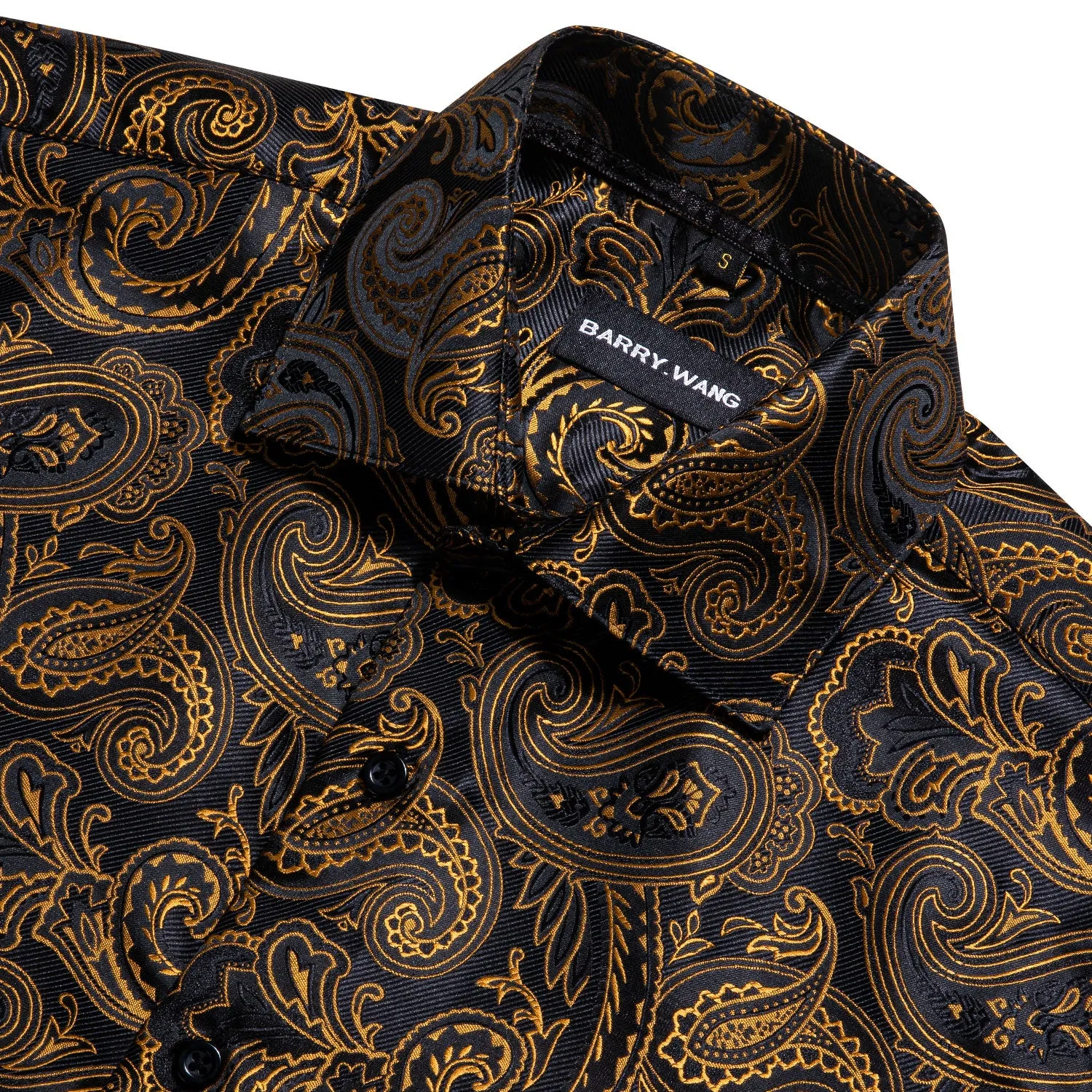 Barry Wang Men's Shirt Black Golden Silk Paisley Short Sleeve Shirt