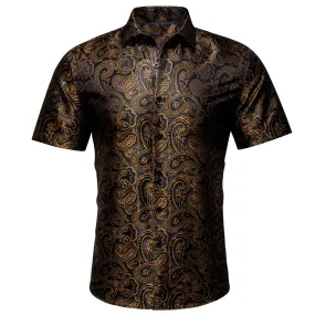 Barry Wang Men's Shirt Black Golden Silk Paisley Short Sleeve Shirt