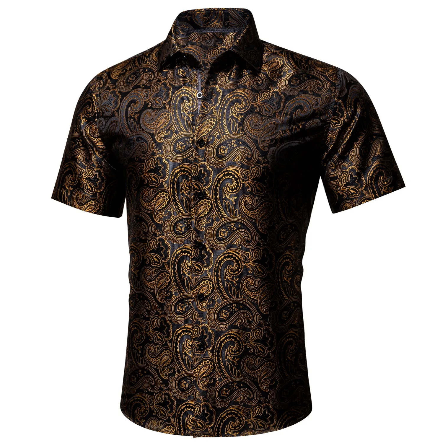 Barry Wang Men's Shirt Black Golden Silk Paisley Short Sleeve Shirt