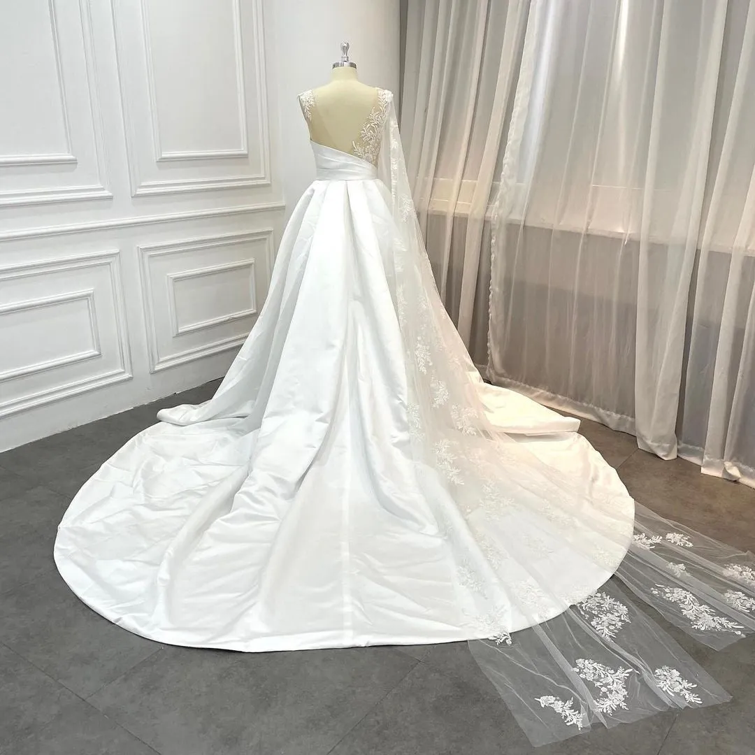 Beaded Lace Detachable Sleeve Satin Ball Gown Wedding Dress
