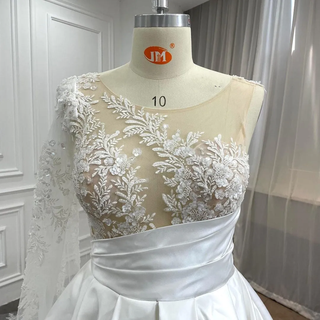 Beaded Lace Detachable Sleeve Satin Ball Gown Wedding Dress
