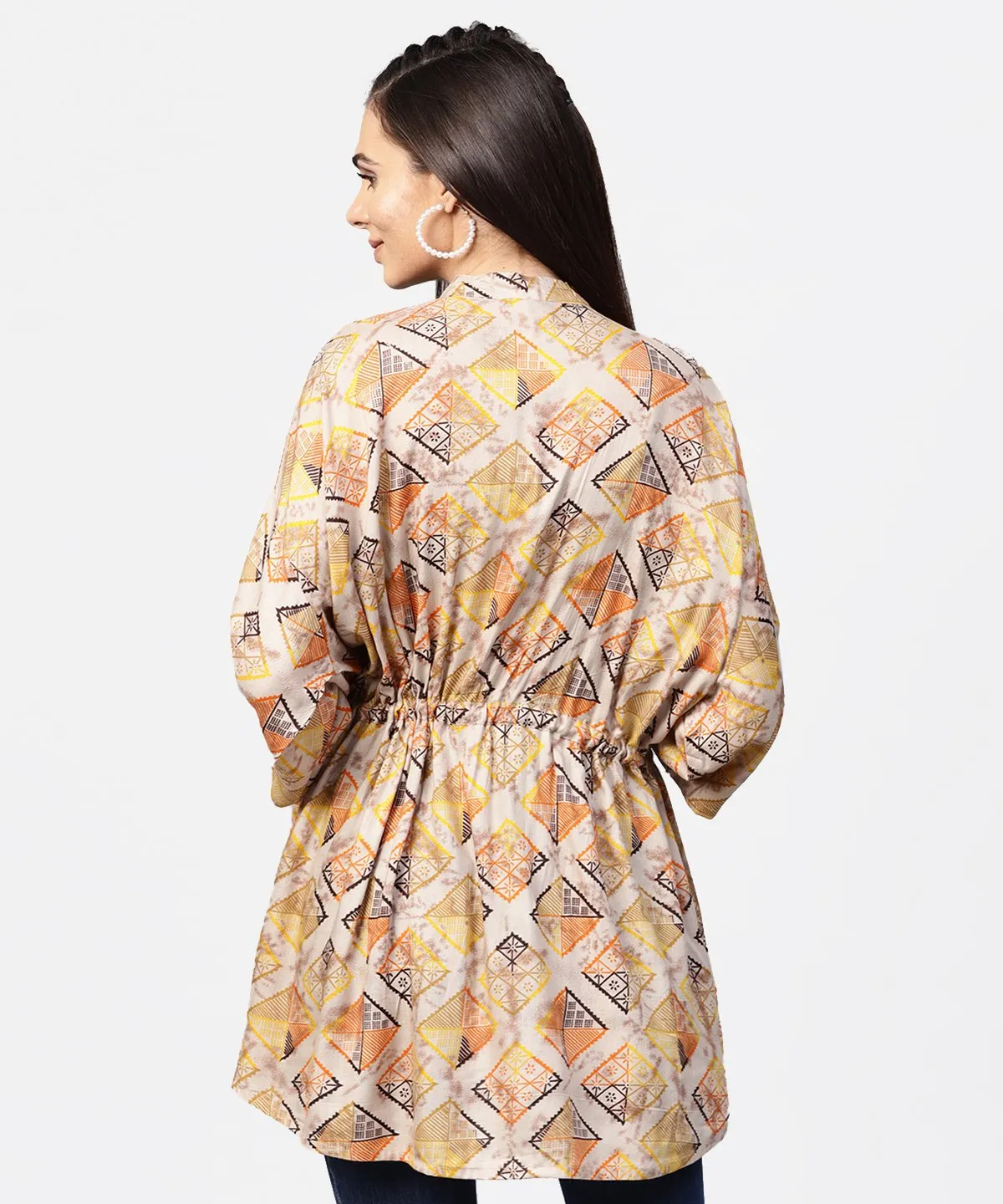 Beige Printed Short Flared Sleeve Rayon Tunic