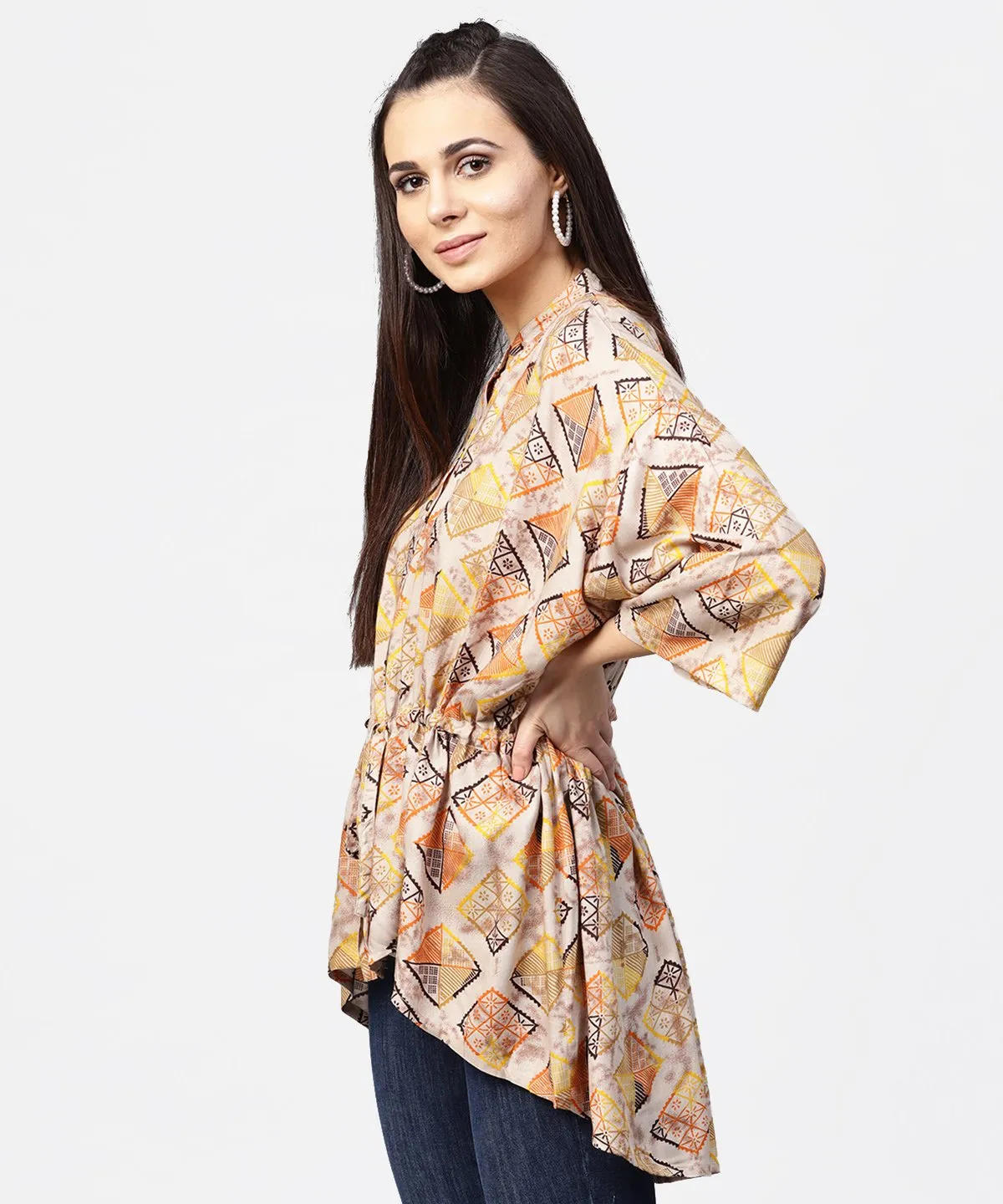Beige Printed Short Flared Sleeve Rayon Tunic