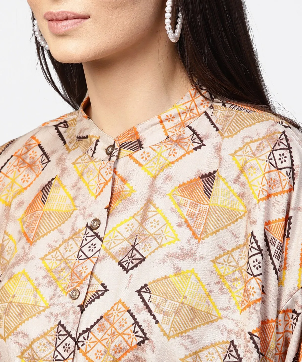 Beige Printed Short Flared Sleeve Rayon Tunic