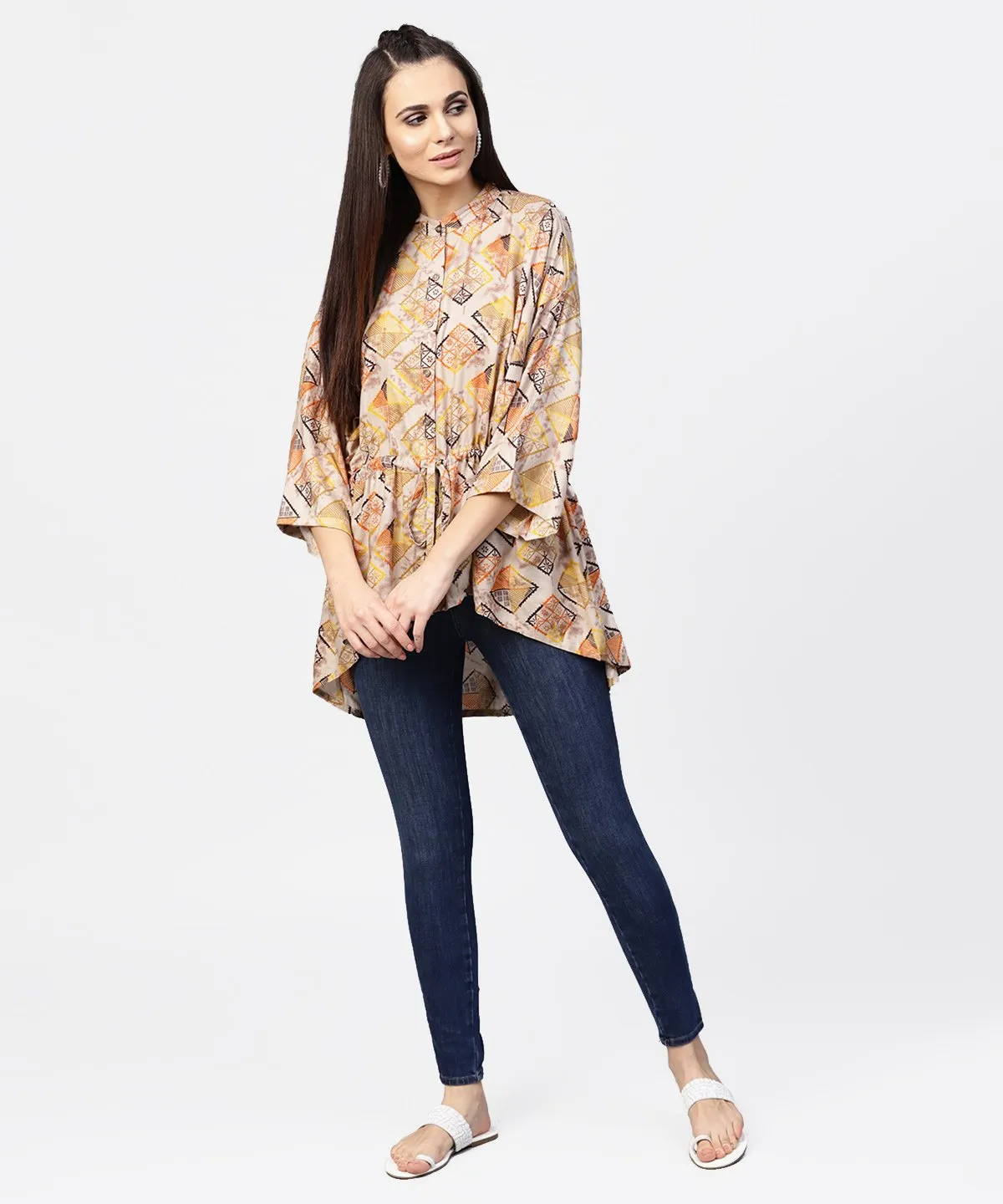 Beige Printed Short Flared Sleeve Rayon Tunic