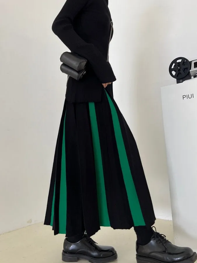 Bicolor Long Pleated Skirt HL4125
