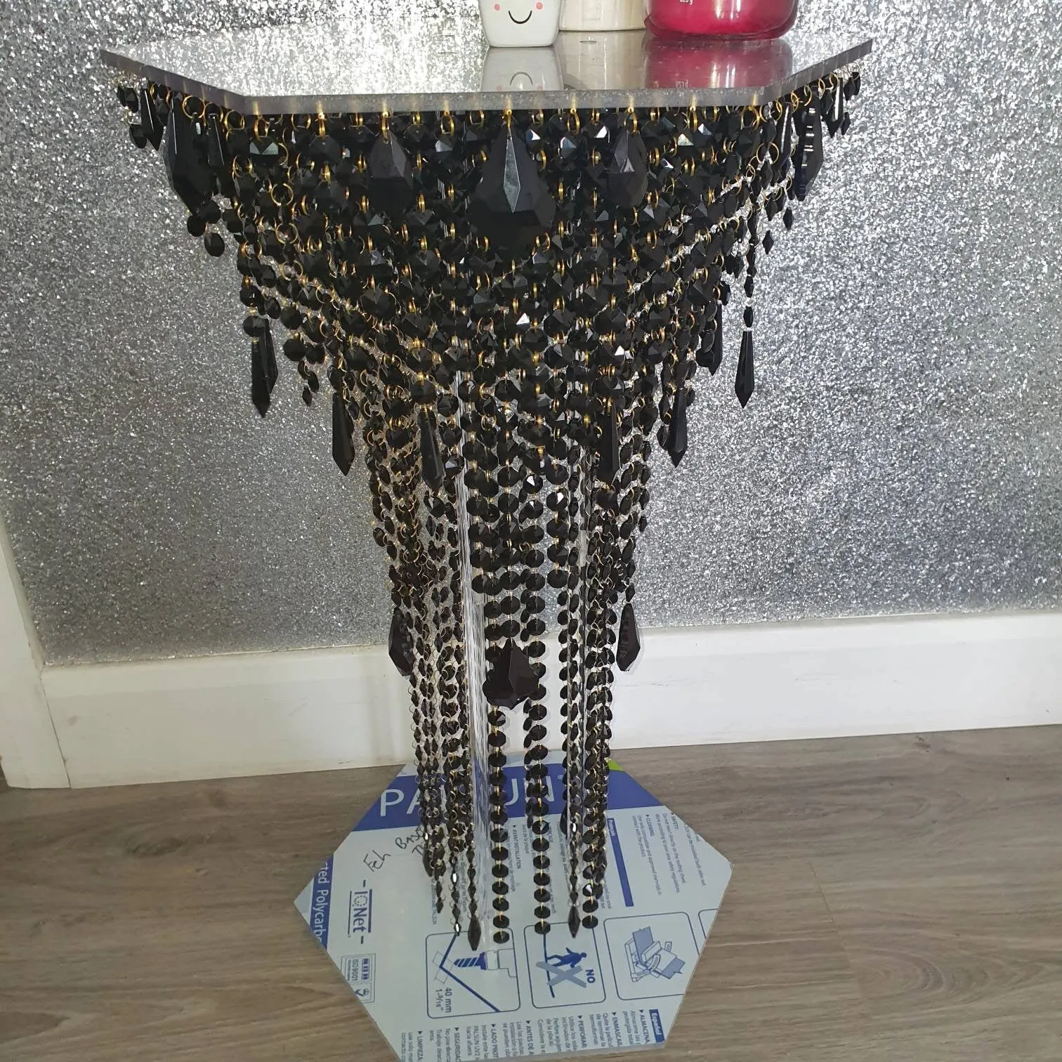 Black & gold Crystal chandelier side table - tall console. Occasional table, Custom table furniture. by Crystal wedding uk
