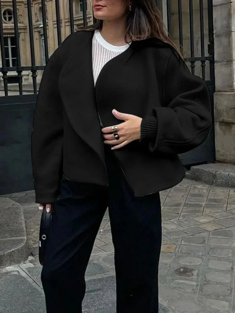 Black Friday Joskaa Woolen Cardigan Jacket Women's Scalloped Unbuttoned Thickened Short Coat Solid Color Elegant Fall Winter New Outwear Lady