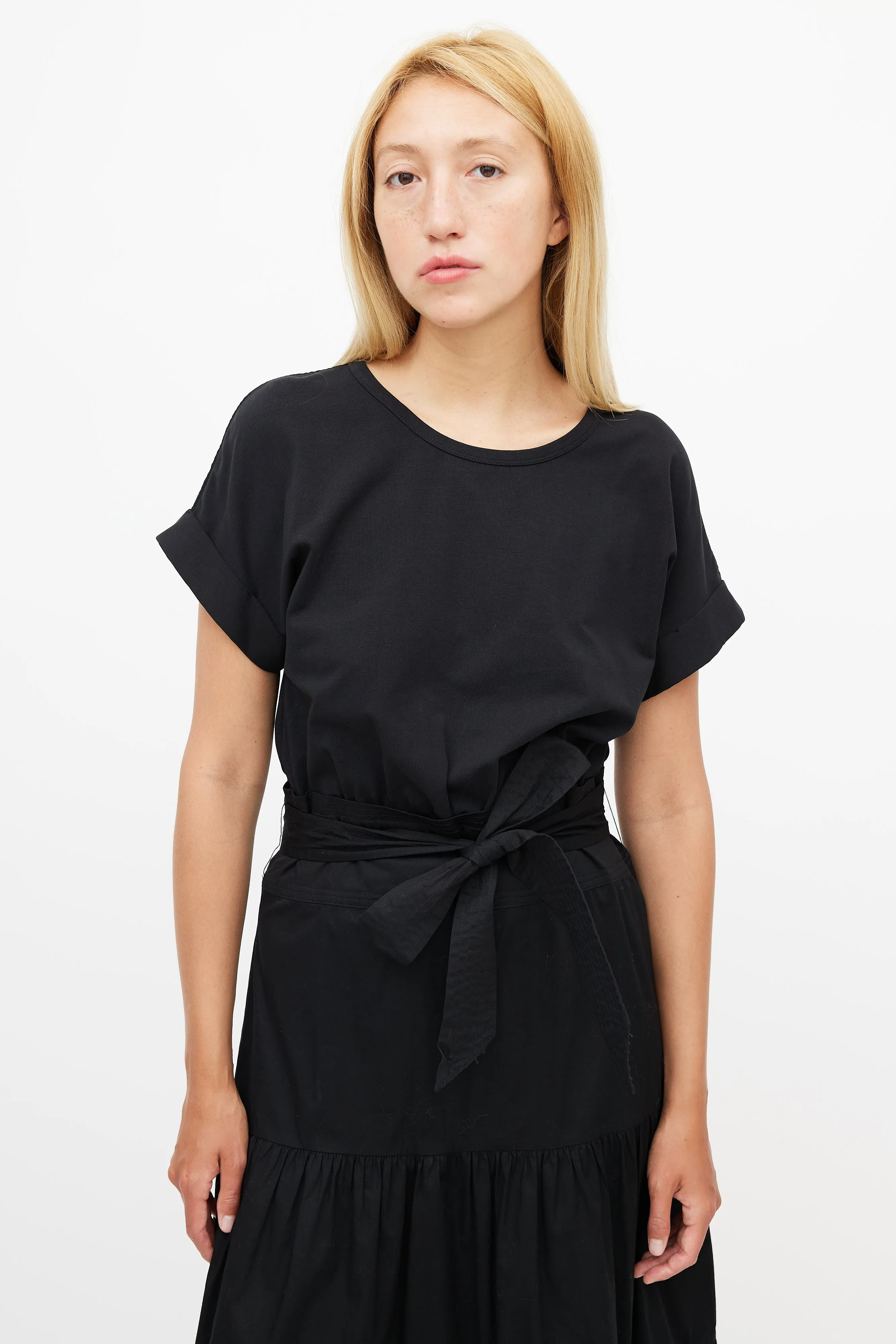 Black Pleated Belted Dress