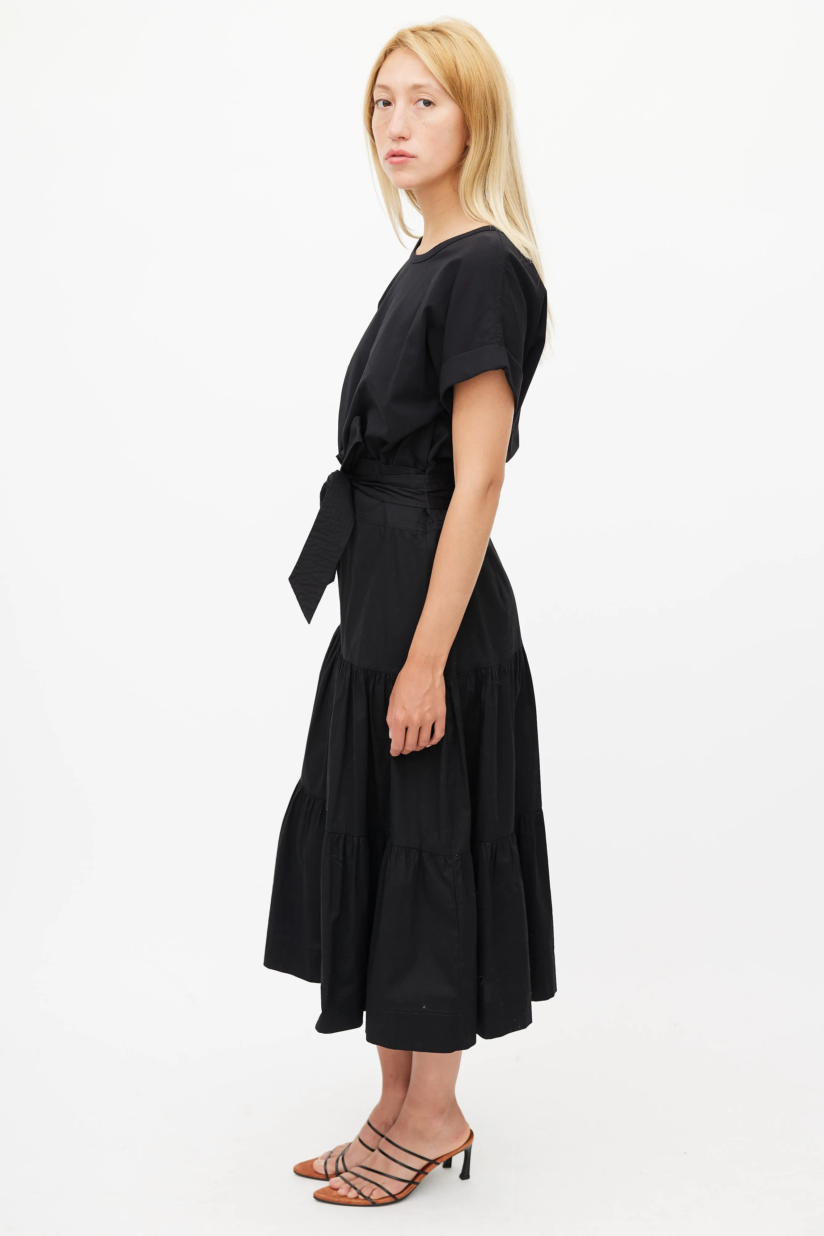 Black Pleated Belted Dress