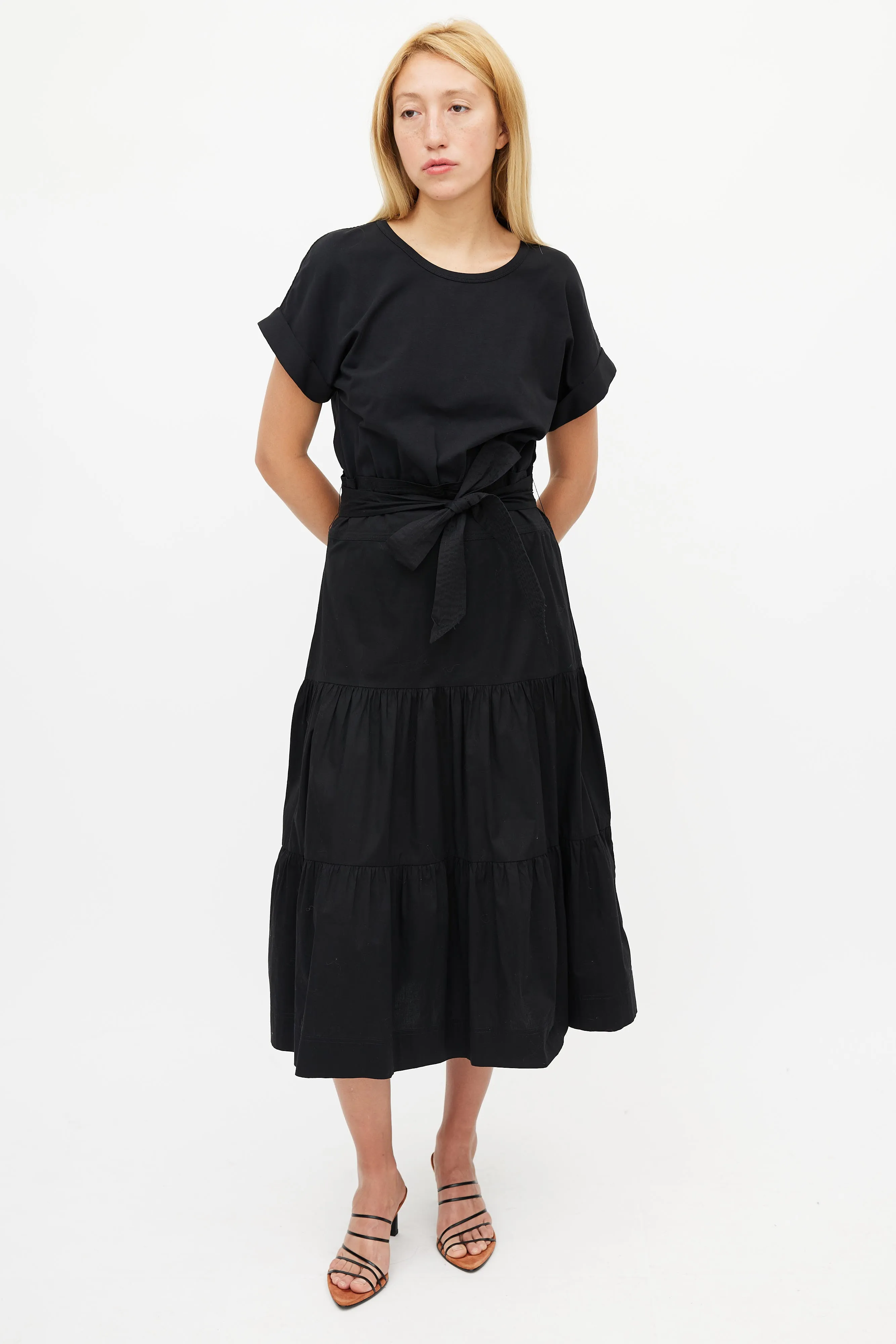 Black Pleated Belted Dress