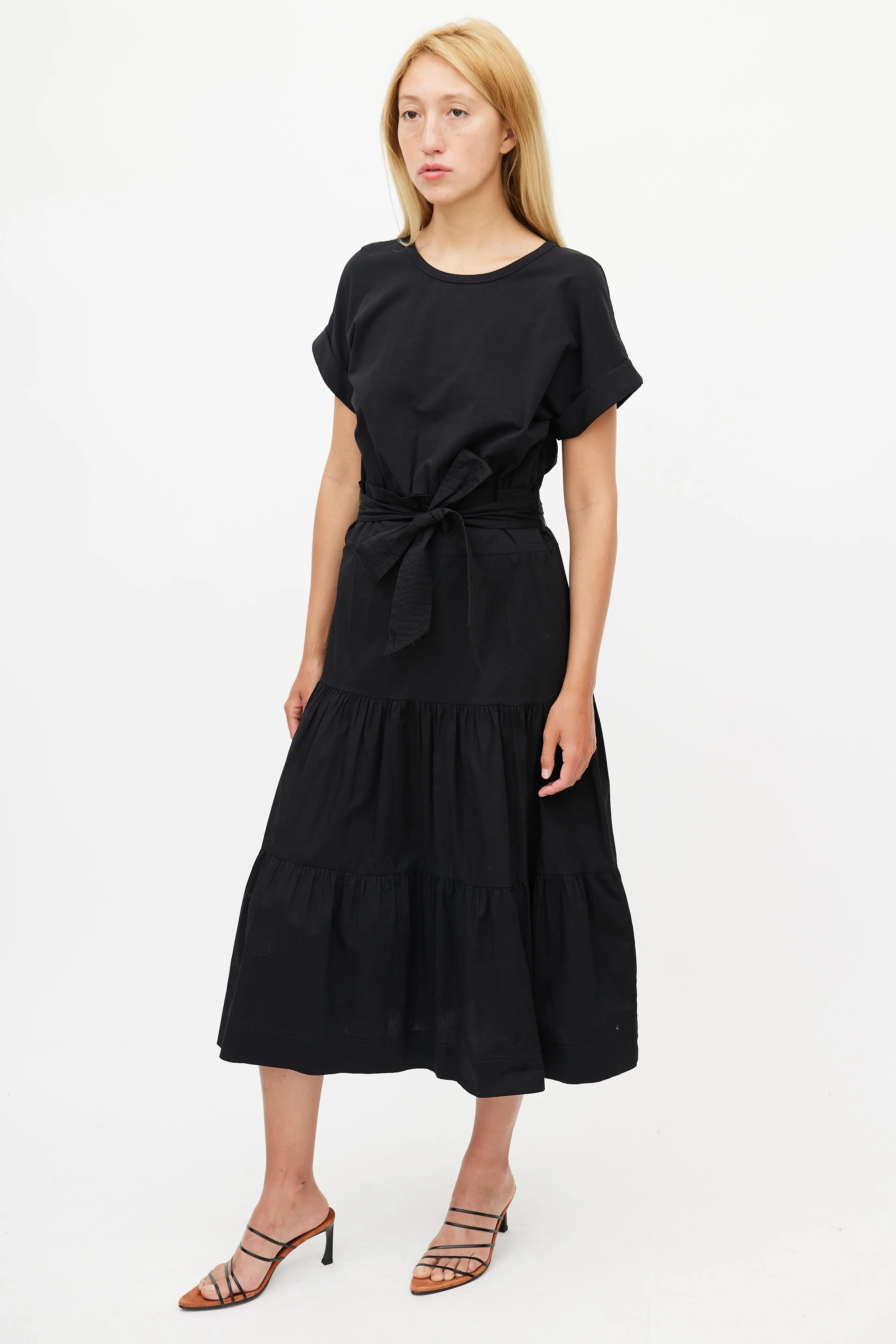 Black Pleated Belted Dress