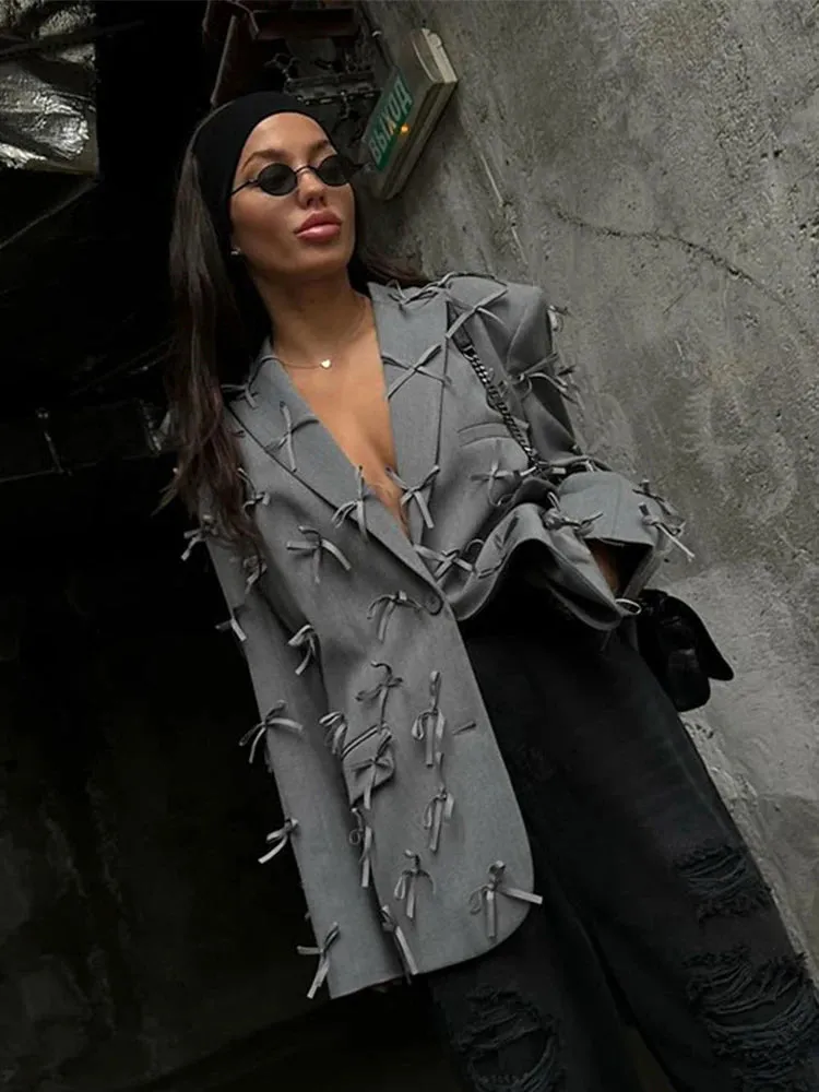 Bonnyshow Fashion Bow Ribbon Women's Jacket Turndown Collar Single Breasted Solid Color Jackets Women Elegant Retro Casual Loose Coat
