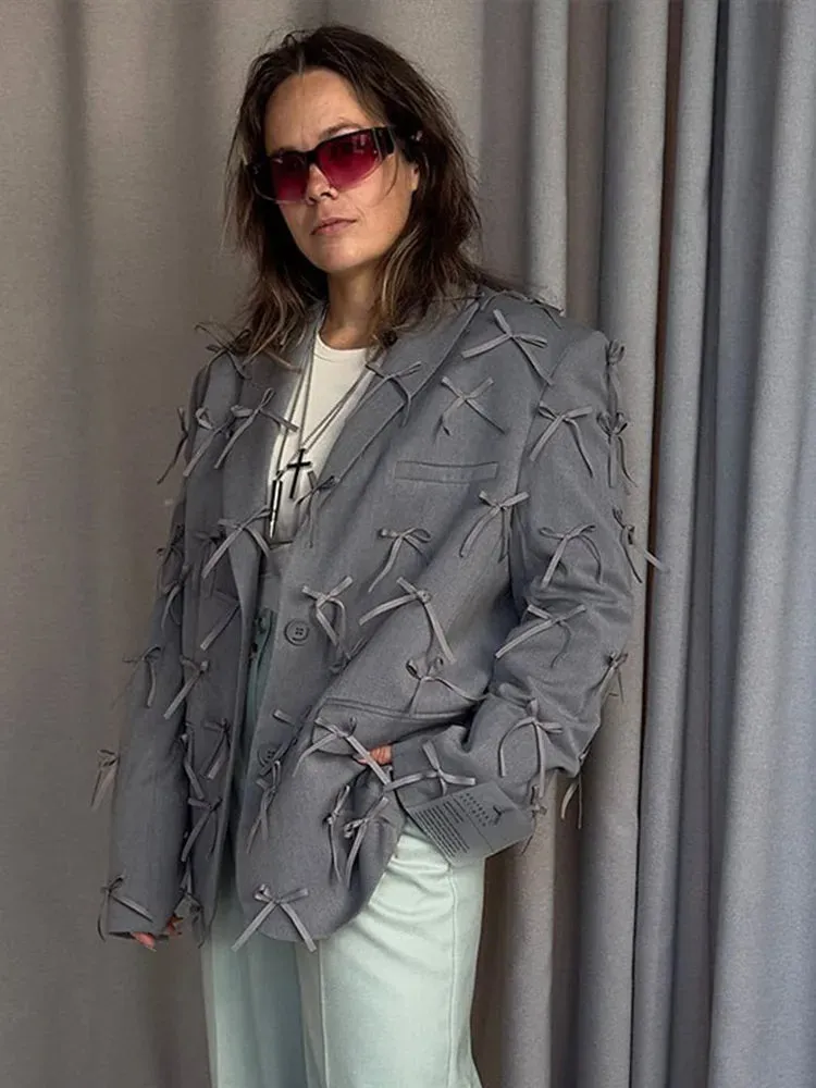 Bonnyshow Fashion Bow Ribbon Women's Jacket Turndown Collar Single Breasted Solid Color Jackets Women Elegant Retro Casual Loose Coat