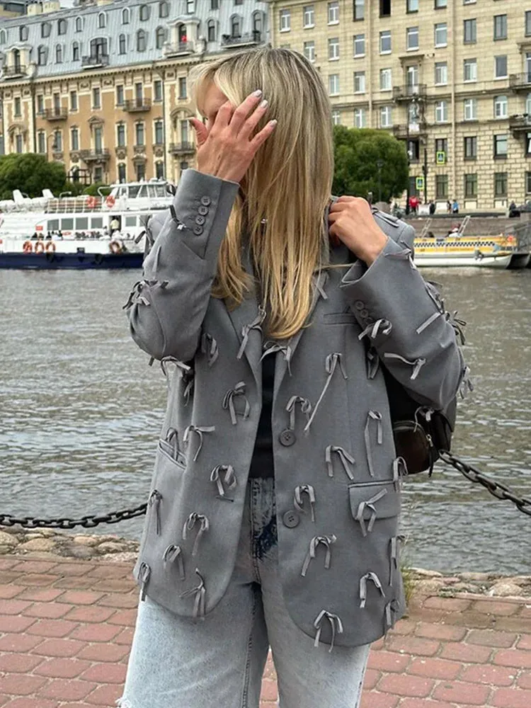 Bonnyshow Fashion Bow Ribbon Women's Jacket Turndown Collar Single Breasted Solid Color Jackets Women Elegant Retro Casual Loose Coat