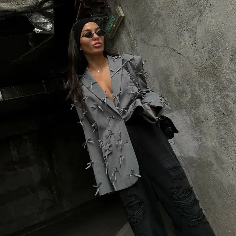 Bonnyshow Fashion Bow Ribbon Women's Jacket Turndown Collar Single Breasted Solid Color Jackets Women Elegant Retro Casual Loose Coat