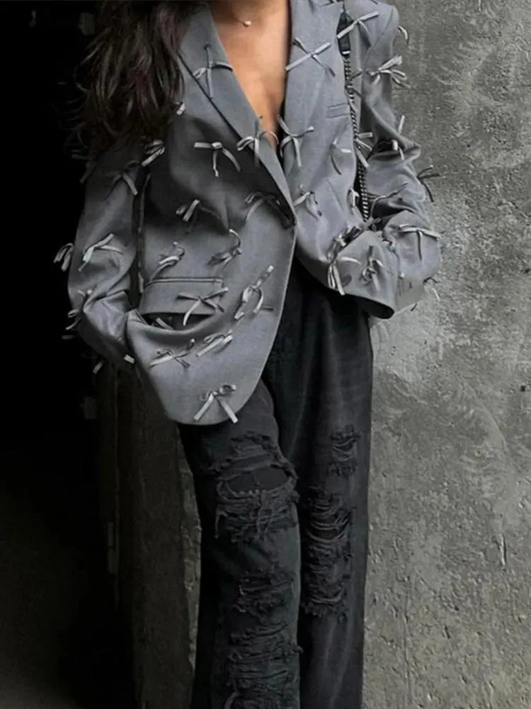 Bonnyshow Fashion Bow Ribbon Women's Jacket Turndown Collar Single Breasted Solid Color Jackets Women Elegant Retro Casual Loose Coat