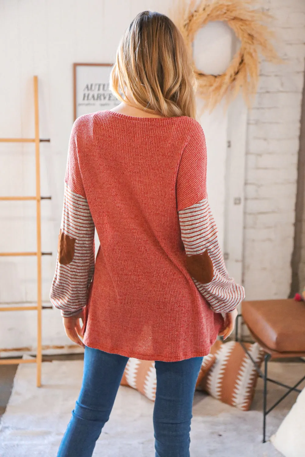 Dark Rose Hacci Stripe Elbow Pad Front Pocket Top
