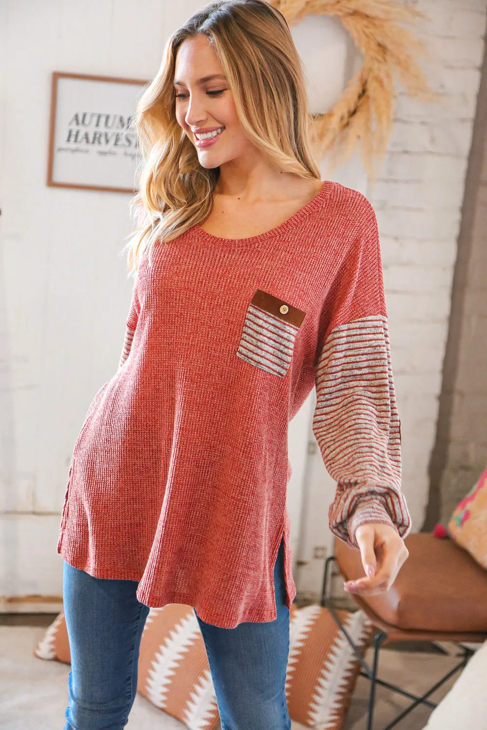 Dark Rose Hacci Stripe Elbow Pad Front Pocket Top