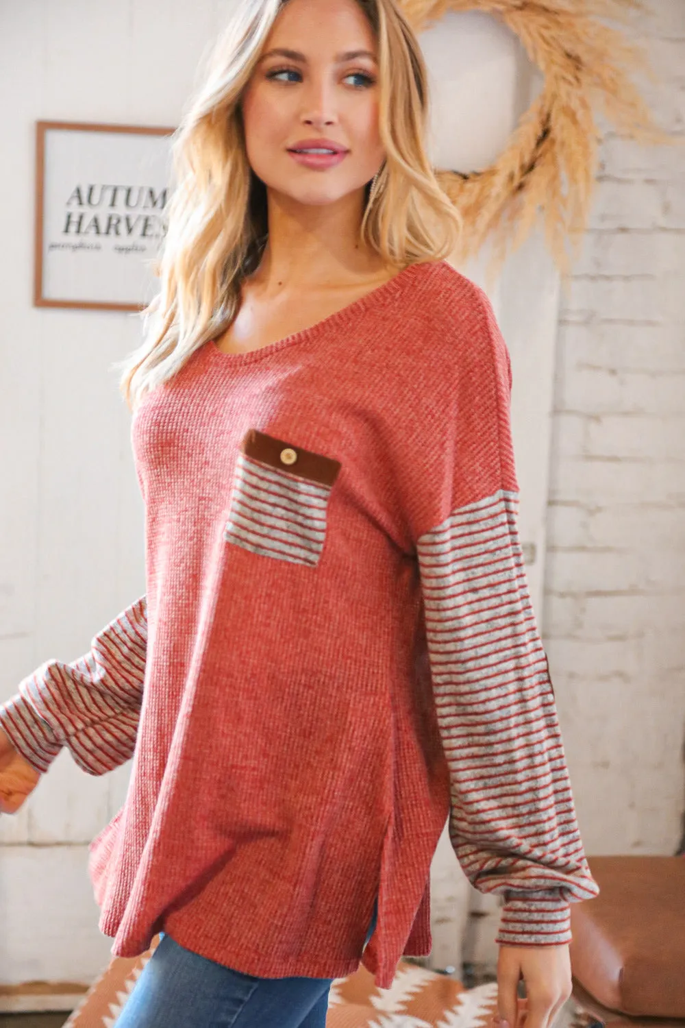 Dark Rose Hacci Stripe Elbow Pad Front Pocket Top