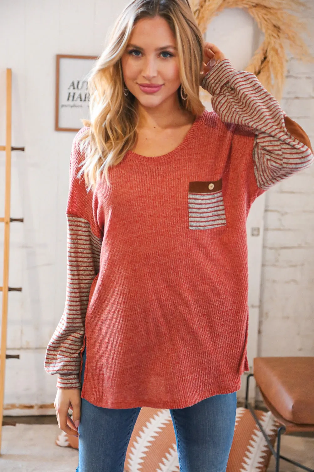 Dark Rose Hacci Stripe Elbow Pad Front Pocket Top