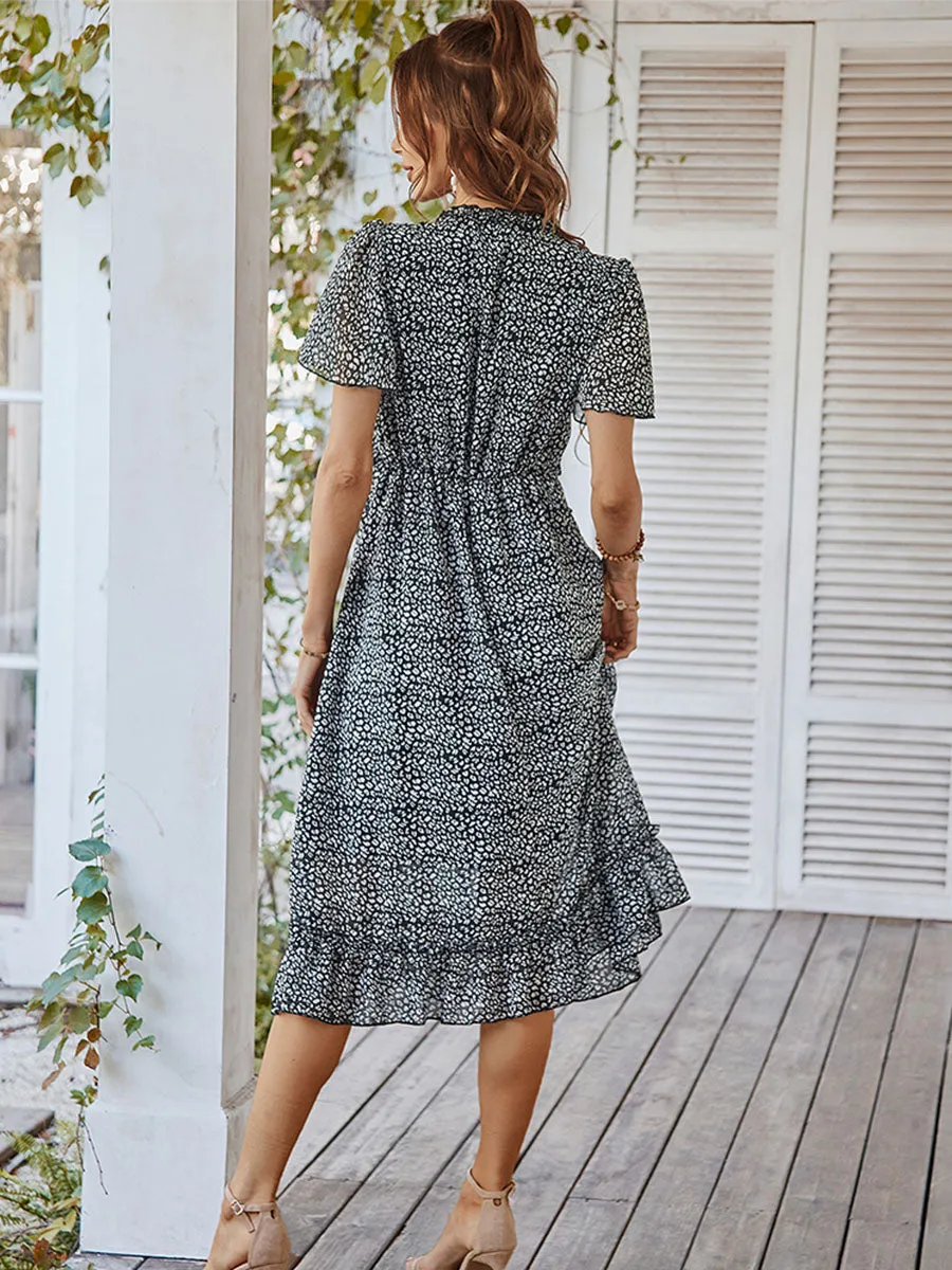 Deep V Neck High Waist Short Sleeves Ruffles Midi Boho Dress