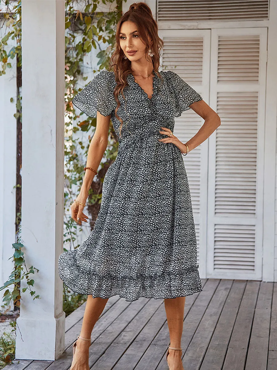 Deep V Neck High Waist Short Sleeves Ruffles Midi Boho Dress