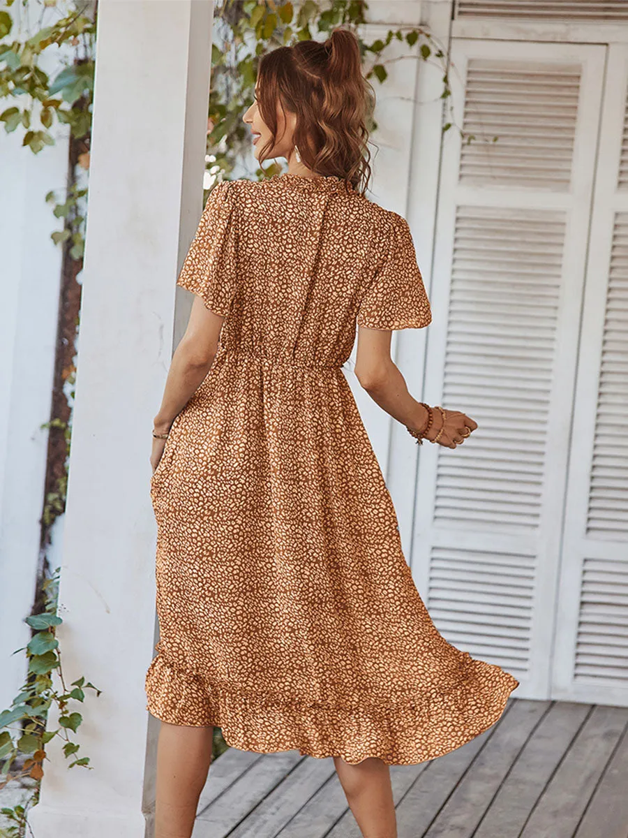 Deep V Neck High Waist Short Sleeves Ruffles Midi Boho Dress