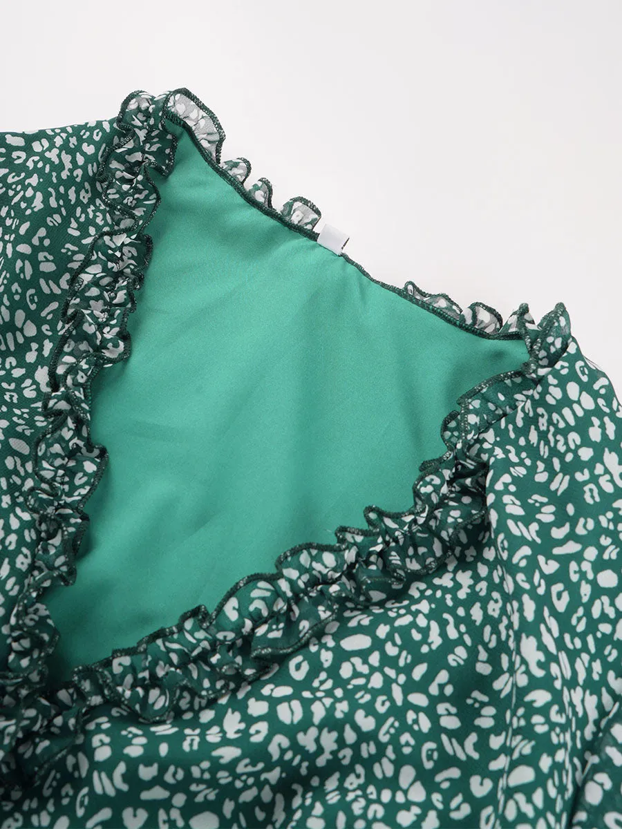 Deep V Neck High Waist Short Sleeves Ruffles Midi Boho Dress