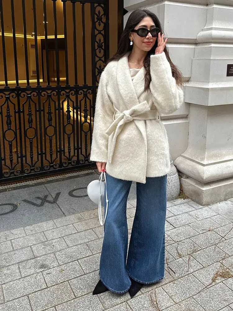Fashionkova Christmas Gift Outfit  Women Fashion Lapel Full Sleeve Simple Coat Elegant White Woolen Blends Suit Jackets With Belt Lady Casual Highstreet Outerwear