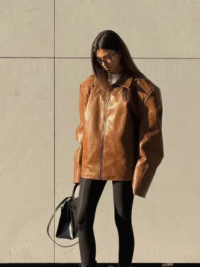 Fashionkova Vintage Brown Flip Collar Long Sleeves Leather Jacket Elegant Solid Color Zipper Coat 2024 New Woman Autumn High Street Wear